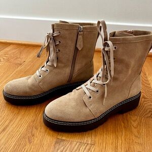 Nordstrom Moonie Beige Sand Leather Suede Lace-Up Combat Boots with zipper